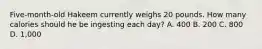 ​Five-month-old Hakeem currently weighs 20 pounds. How many calories should he be ingesting each day? ​A. 400 ​B. 200 ​C. 800 D. ​1,000