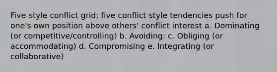 Five-style conflict grid: five conflict style tendencies push for one's own position above others' conflict interest a. Dominating (or competitive/controlling) b. Avoiding: c. Obliging (or accommodating) d. Compromising e. Integrating (or collaborative)