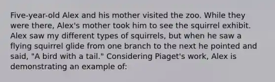 Five-year-old Alex and his mother visited the zoo. While they were there, Alex's mother took him to see the squirrel exhibit. Alex saw my different types of squirrels, but when he saw a flying squirrel glide from one branch to the next he pointed and said, "A bird with a tail." Considering Piaget's work, Alex is demonstrating an example of: