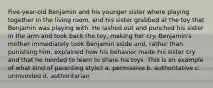 Five-year-old Benjamin and his younger sister where playing together in the living room, and his sister grabbed at the toy that Benjamin was playing with. He lashed out and punched his sister in the arm and took back the toy, making her cry. Benjamin's mother immediately took Benjamin aside and, rather than punishing him, explained how his behavior made his sister cry and that he needed to learn to share his toys. This is an example of what kind of parenting style? a. permissive b. authoritative c. uninvovled d. authoritarian