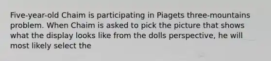 Five-year-old Chaim is participating in Piagets three-mountains problem. When Chaim is asked to pick the picture that shows what the display looks like from the dolls perspective, he will most likely select the