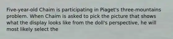 Five-year-old Chaim is participating in Piaget's three-mountains problem. When Chaim is asked to pick the picture that shows what the display looks like from the doll's perspective, he will most likely select the