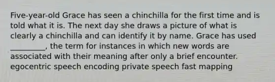 Five-year-old Grace has seen a chinchilla for the first time and is told what it is. The next day she draws a picture of what is clearly a chinchilla and can identify it by name. Grace has used _________, the term for instances in which new words are associated with their meaning after only a brief encounter. egocentric speech encoding private speech fast mapping