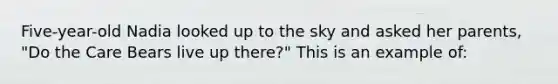 Five-year-old Nadia looked up to the sky and asked her parents, "Do the Care Bears live up there?" This is an example of: