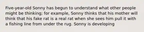 Five-year-old Sonny has begun to understand what other people might be thinking; for example, Sonny thinks that his mother will think that his fake rat is a real rat when she sees him pull it with a fishing line from under the rug. Sonny is developing