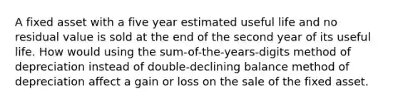 A fixed asset with a five year estimated useful life and no residual value is sold at the end of the second year of its useful life. How would using the sum-of-the-years-digits method of depreciation instead of double-declining balance method of depreciation affect a gain or loss on the sale of the fixed asset.