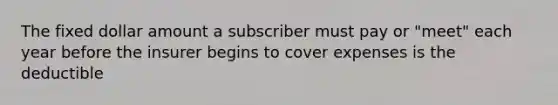 The fixed dollar amount a subscriber must pay or "meet" each year before the insurer begins to cover expenses is the deductible