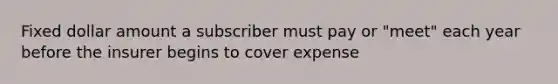 Fixed dollar amount a subscriber must pay or "meet" each year before the insurer begins to cover expense