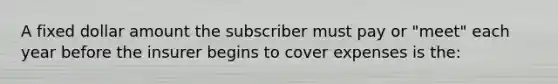 A fixed dollar amount the subscriber must pay or "meet" each year before the insurer begins to cover expenses is the: