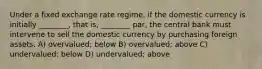 Under a fixed exchange rate regime, if the domestic currency is initially ________, that is, ________ par, the central bank must intervene to sell the domestic currency by purchasing foreign assets. A) overvalued; below B) overvalued; above C) undervalued; below D) undervalued; above