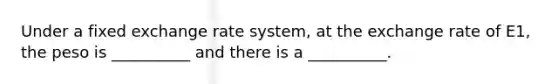 Under a fixed exchange rate system, at the exchange rate of E1, the peso is __________ and there is a __________.