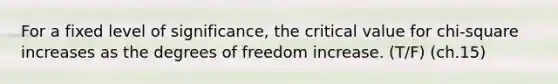 ​For a fixed level of significance, the critical value for chi-square increases as the degrees of freedom increase. (T/F) (ch.15)