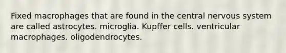 Fixed macrophages that are found in the central nervous system are called astrocytes. microglia. Kupffer cells. ventricular macrophages. oligodendrocytes.