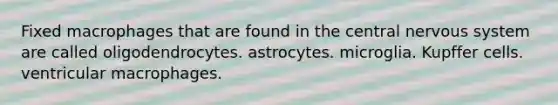 Fixed macrophages that are found in the central nervous system are called oligodendrocytes. astrocytes. microglia. Kupffer cells. ventricular macrophages.