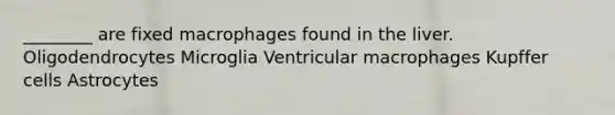 ________ are fixed macrophages found in the liver. Oligodendrocytes Microglia Ventricular macrophages Kupffer cells Astrocytes