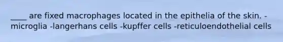 ____ are fixed macrophages located in the epithelia of the skin. -microglia -langerhans cells -kupffer cells -reticuloendothelial cells