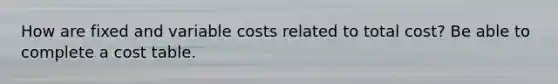 How are fixed and variable costs related to total cost? Be able to complete a cost table.