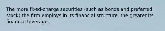 The more fixed-charge securities (such as bonds and preferred stock) the firm employs in its financial structure, the greater its financial leverage.