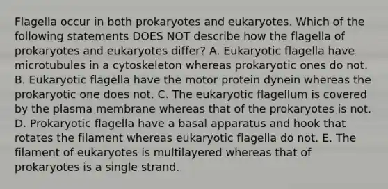 Flagella occur in both prokaryotes and eukaryotes. Which of the following statements DOES NOT describe how the flagella of prokaryotes and eukaryotes differ? A. Eukaryotic flagella have microtubules in a cytoskeleton whereas prokaryotic ones do not. B. Eukaryotic flagella have the motor protein dynein whereas the prokaryotic one does not. C. The eukaryotic flagellum is covered by the plasma membrane whereas that of the prokaryotes is not. D. Prokaryotic flagella have a basal apparatus and hook that rotates the filament whereas eukaryotic flagella do not. E. The filament of eukaryotes is multilayered whereas that of prokaryotes is a single strand.