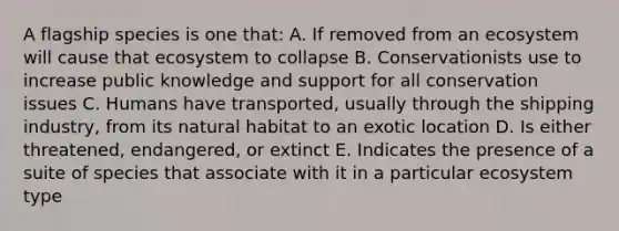 A flagship species is one that: A. If removed from an ecosystem will cause that ecosystem to collapse B. Conservationists use to increase public knowledge and support for all conservation issues C. Humans have transported, usually through the shipping industry, from its natural habitat to an exotic location D. Is either threatened, endangered, or extinct E. Indicates the presence of a suite of species that associate with it in a particular ecosystem type