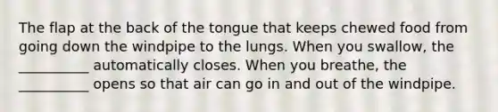 The flap at the back of the tongue that keeps chewed food from going down the windpipe to the lungs. When you swallow, the __________ automatically closes. When you breathe, the __________ opens so that air can go in and out of the windpipe.