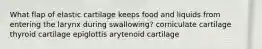 What flap of elastic cartilage keeps food and liquids from entering the larynx during swallowing? corniculate cartilage thyroid cartilage epiglottis arytenoid cartilage