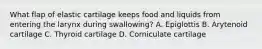 What flap of elastic cartilage keeps food and liquids from entering the larynx during swallowing? A. Epiglottis B. Arytenoid cartilage C. Thyroid cartilage D. Corniculate cartilage