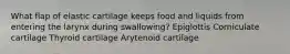 What flap of elastic cartilage keeps food and liquids from entering the larynx during swallowing? Epiglottis Corniculate cartilage Thyroid cartilage Arytenoid cartilage