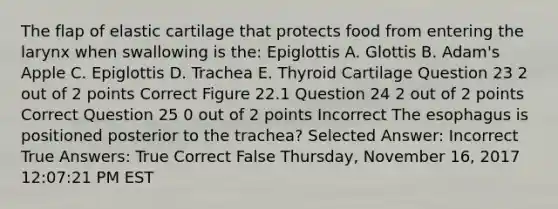 The flap of elastic cartilage that protects food from entering the larynx when swallowing is the: Epiglottis A. Glottis B. Adam's Apple C. Epiglottis D. Trachea E. Thyroid Cartilage Question 23 2 out of 2 points Correct Figure 22.1 Question 24 2 out of 2 points Correct Question 25 0 out of 2 points Incorrect <a href='https://www.questionai.com/knowledge/kSjVhaa9qF-the-esophagus' class='anchor-knowledge'>the esophagus</a> is positioned posterior to the trachea? Selected Answer: Incorrect True Answers: True Correct False Thursday, November 16, 2017 12:07:21 PM EST