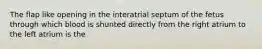 The flap like opening in the interatrial septum of the fetus through which blood is shunted directly from the right atrium to the left atrium is the