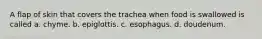 A flap of skin that covers the trachea when food is swallowed is called a. chyme. b. epiglottis. c. esophagus. d. doudenum.