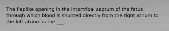 The flaplike opening in the intertribal septum of the fetus through which blood is shunted directly from the right atrium to the left atrium is the ___.