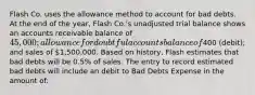 Flash Co. uses the allowance method to account for bad debts. At the end of the year, Flash Co.'s unadjusted trial balance shows an accounts receivable balance of 45,000; allowance for doubtful accounts balance of400 (debit); and sales of 1,500,000. Based on history, Flash estimates that bad debts will be 0.5% of sales. The entry to record estimated bad debts will include an debit to Bad Debts Expense in the amount of: