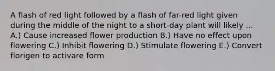 A flash of red light followed by a flash of far-red light given during the middle of the night to a short-day plant will likely ... A.) Cause increased flower production B.) Have no effect upon flowering C.) Inhibit flowering D.) Stimulate flowering E.) Convert florigen to activare form