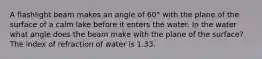 A flashlight beam makes an angle of 60° with the plane of the surface of a calm lake before it enters the water. In the water what angle does the beam make with the plane of the surface? The index of refraction of water is 1.33.