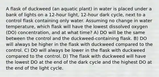 A flask of duckweed (an aquatic plant) in water is placed under a bank of lights on a 12-hour light, 12-hour dark cycle, next to a control flask containing only water. Assuming no change in water temperature, which flask will have the lowest dissolved oxygen (DO) concentration, and at what time? A) DO will be the same between the control and the duckweed-containing flask. B) DO will always be higher in the flask with duckweed compared to the control. C) DO will always be lower in the flask with duckweed compared to the control. D) The flask with duckweed will have the lowest DO at the end of the dark cycle and the highest DO at the end of the light cycle.