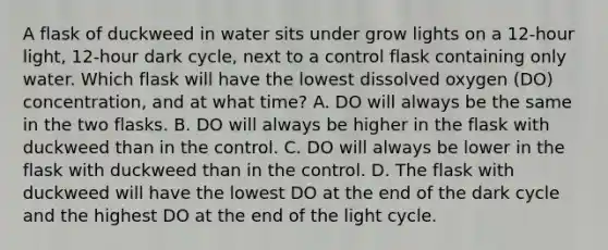 A flask of duckweed in water sits under grow lights on a 12-hour light, 12-hour dark cycle, next to a control flask containing only water. Which flask will have the lowest dissolved oxygen (DO) concentration, and at what time? A. DO will always be the same in the two flasks. B. DO will always be higher in the flask with duckweed than in the control. C. DO will always be lower in the flask with duckweed than in the control. D. The flask with duckweed will have the lowest DO at the end of the dark cycle and the highest DO at the end of the light cycle.