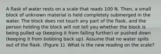 A flask of water rests on a scale that reads 100 N. Then, a small block of unknown material is held completely submerged in the water. The block does not touch any part of the flask, and the person holding the block will not tell you whether the block is being pulled up (keeping it from falling further) or pushed down (keeping it from bobbing back up). Assume that no water spills out of the flask. (Figure 1). What is the new reading on the scale?