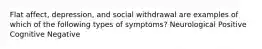 Flat affect, depression, and social withdrawal are examples of which of the following types of symptoms? Neurological Positive Cognitive Negative