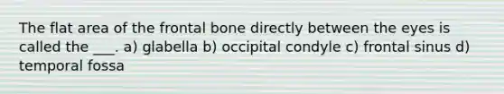 The flat area of the frontal bone directly between the eyes is called the ___. a) glabella b) occipital condyle c) frontal sinus d) temporal fossa