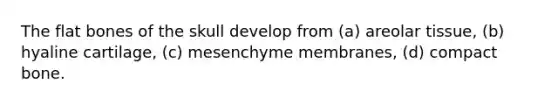 The flat bones of the skull develop from (a) areolar tissue, (b) hyaline cartilage, (c) mesenchyme membranes, (d) compact bone.