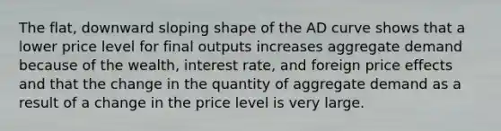 The flat, downward sloping shape of the AD curve shows that a lower price level for final outputs increases aggregate demand because of the wealth, interest rate, and foreign price effects and that the change in the quantity of aggregate demand as a result of a change in the price level is very large.