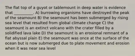 The flat top of a guyot or tablemount in deep water is evidence that __________. A) burrowing organisms have destroyed the peak of the seamount B) the seamount has been submerged by rising sea level that resulted from global climate change C) the seamount is an extinct volcano with the crater filled by a solidified lava lake D) the seamount is an erosional remnant of a flat abyssal plain E) the seamount was once at the surface of the ocean but is now submerged due to plate movement and erosion when it was near sea level