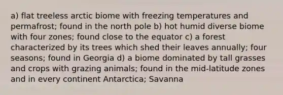 a) flat treeless arctic biome with freezing temperatures and permafrost; found in the north pole b) hot humid diverse biome with four zones; found close to the equator c) a forest characterized by its trees which shed their leaves annually; four seasons; found in Georgia d) a biome dominated by tall grasses and crops with grazing animals; found in the mid-latitude zones and in every continent Antarctica; Savanna