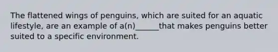 The flattened wings of penguins, which are suited for an aquatic lifestyle, are an example of a(n)______that makes penguins better suited to a specific environment.