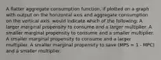 A flatter aggregate consumption function, if plotted on a graph with output on the horizontal axis and aggregate consumption on the vertical axis, would indicate which of the following: A larger marginal propensity to consume and a larger multiplier. A smaller marginal propensity to consume and a smaller multiplier. A smaller marginal propensity to consume and a larger multiplier. A smaller marginal propensity to save (MPS = 1 - MPC) and a smaller multiplier.