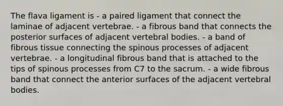 The flava ligament is - a paired ligament that connect the laminae of adjacent vertebrae. - a fibrous band that connects the posterior surfaces of adjacent vertebral bodies. - a band of fibrous tissue connecting the spinous processes of adjacent vertebrae. - a longitudinal fibrous band that is attached to the tips of spinous processes from C7 to the sacrum. - a wide fibrous band that connect the anterior surfaces of the adjacent vertebral bodies.