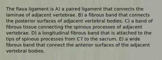 The flava ligament is A) a paired ligament that connects the laminae of adjacent vertebrae. B) a fibrous band that connects the posterior surfaces of adjacent vertebral bodies. C) a band of fibrous tissue connecting the spinous processes of adjacent vertebrae. D) a longitudinal fibrous band that is attached to the tips of spinous processes from C7 to the sacrum. E) a wide fibrous band that connect the anterior surfaces of the adjacent vertebral bodies.