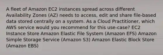 A fleet of Amazon EC2 instances spread across different Availability Zones (AZ) needs to access, edit and share file-based data stored centrally on a system. As a Cloud Practitioner, which AWS service would you recommend for this use-case? EC2 Instance Store Amazon Elastic File System (Amazon EFS) Amazon Simple Storage Service (Amazon S3) Amazon Elastic Block Store (Amazon EBS)