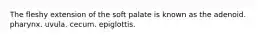 The fleshy extension of the soft palate is known as the adenoid. pharynx. uvula. cecum. epiglottis.